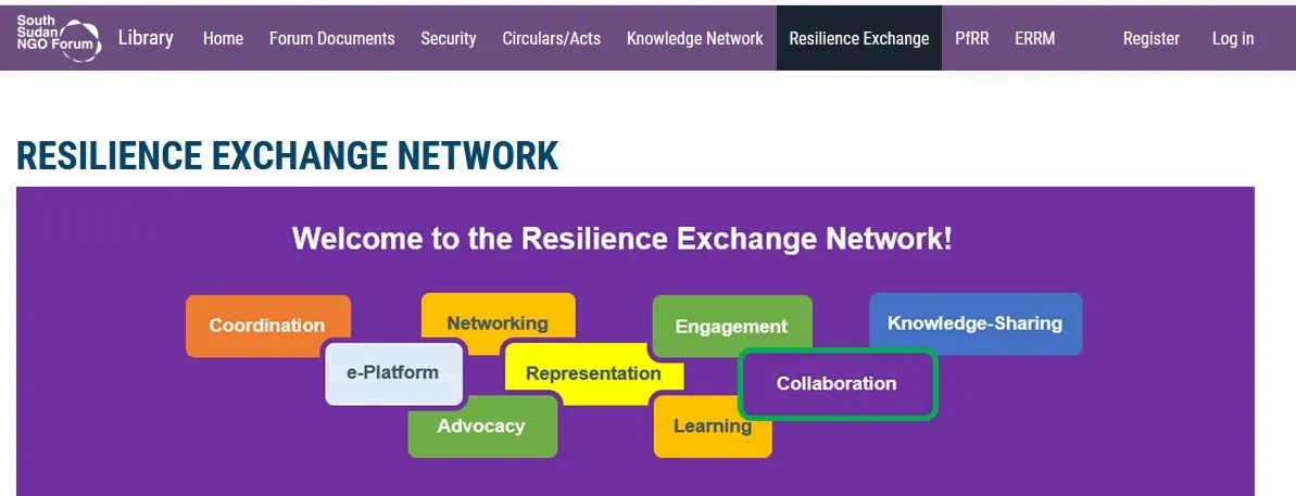 The Resilience Exchange Network page of the South Sudan NGO Forum documents portal, under the portal's navigation bar.